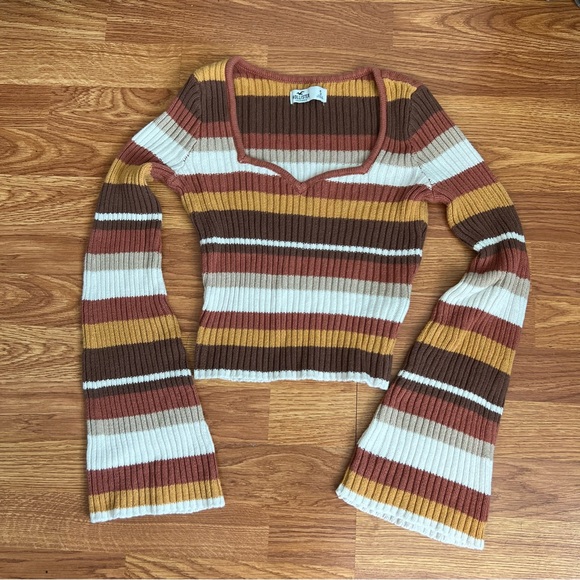 Hollister Tops - HOLLISTER Striped Ribbed Knit Crop Sweater With Bell Sleeves Size S